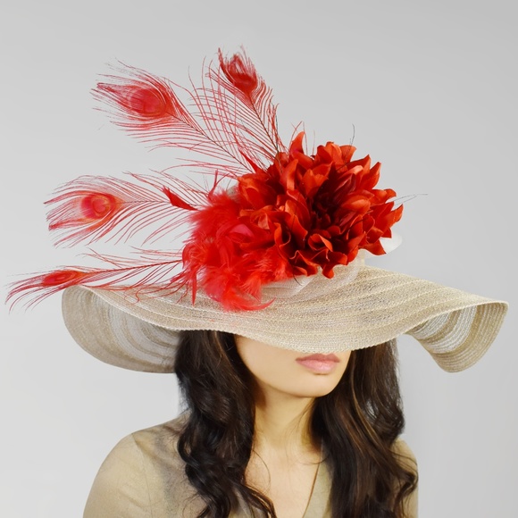 Red Flower Feather Wide Brim Kentucky Derby Hat